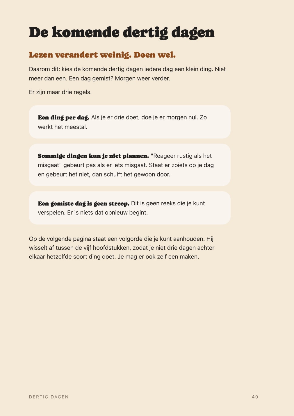 Pagina uit de gids: De komende dertig dagen, met drie regels voor één ding per dag