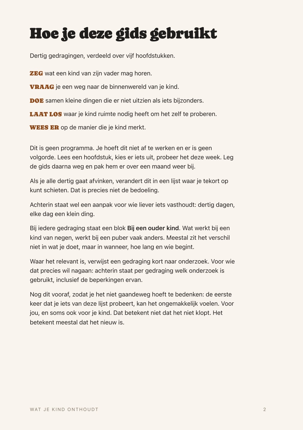 Pagina uit de gids: Hoe je deze gids gebruikt, met de vijf thema’s ZEG, VRAAG, DOE, LAAT LOS en WEES ER