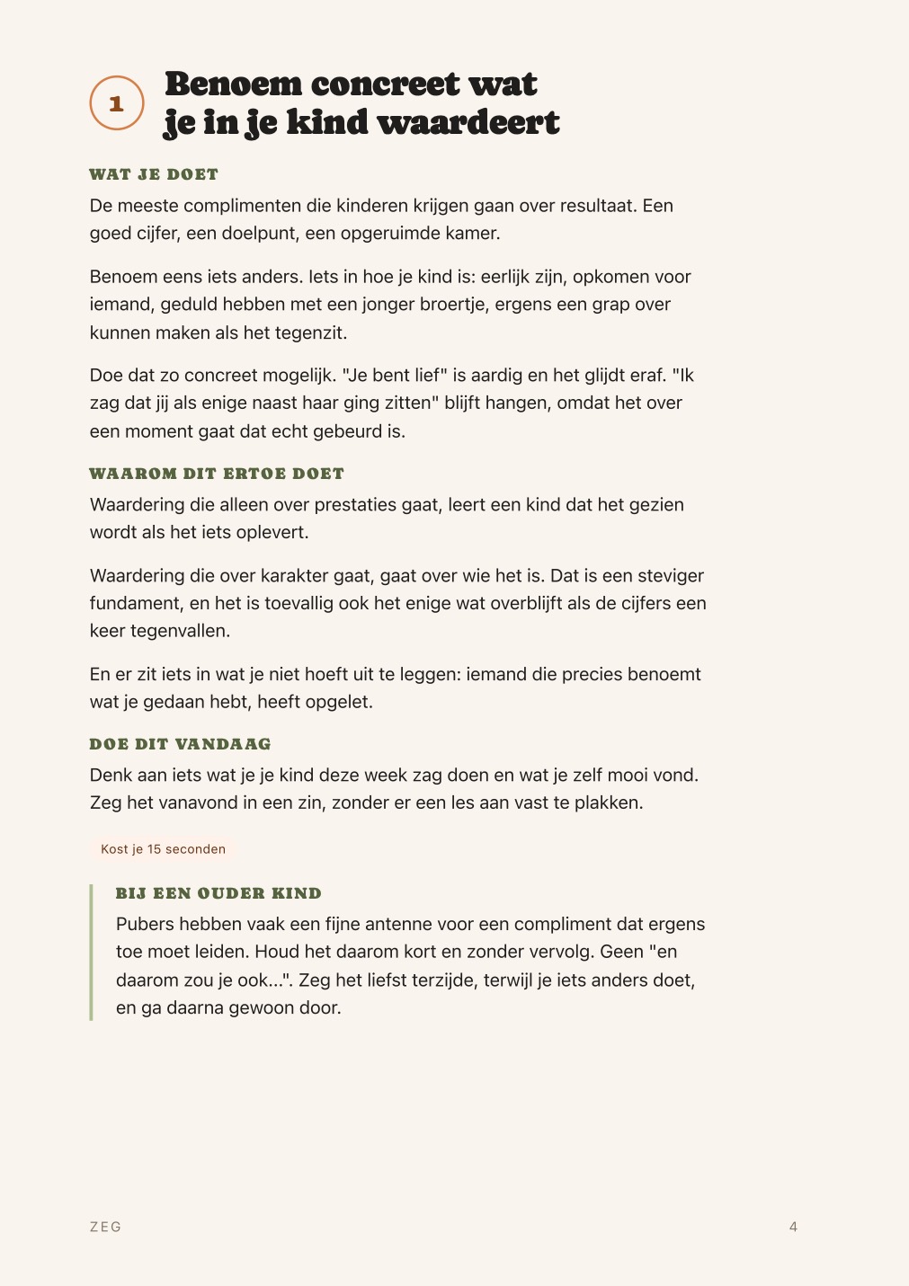 Voorbeeldpagina uit de gids: Benoem concreet wat je in je kind waardeert, met wat je doet, waarom het ertoe doet en iets voor vandaag